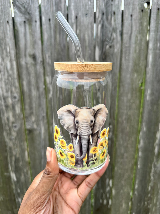 Elephant Sunflower 16oz Glass Can