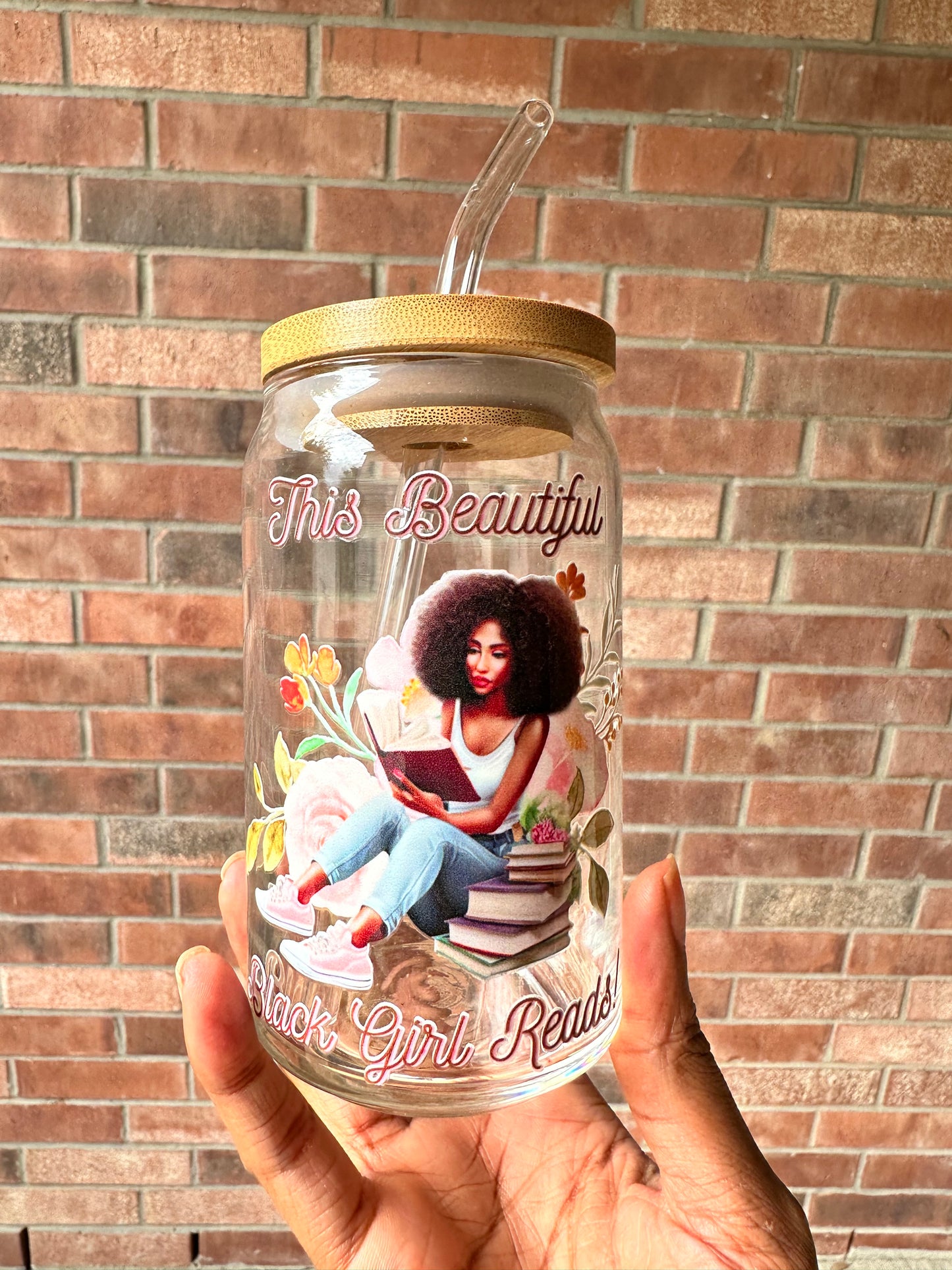 Beautiful Black Girl Reads 16oz Glass Can