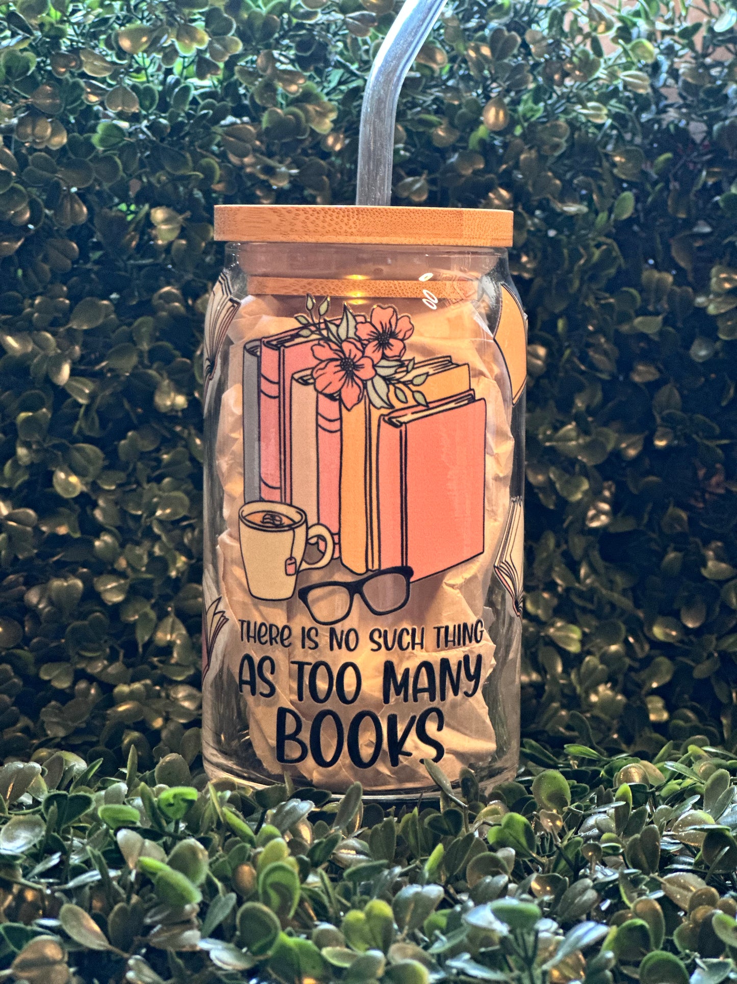 Too Many Books 16oz Glass Can